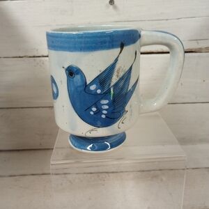 Mexican Pottery Mug Tonala Jalisco Mexico Bird Floral Blue Ceramic Signed VG.